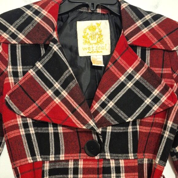 Vtg Y2K Wet Seal Plaid Peacoat S Wool Blend Belted Red Preppy Mall Goth Coat - Picture 8 of 10